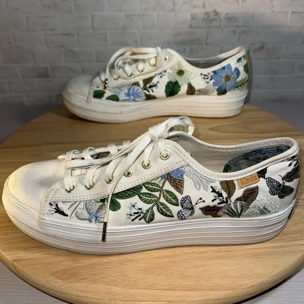 Rifle Paper Keds Triple Kick Blue Fields Embroidered Floral Casual Sneaker Shoes
